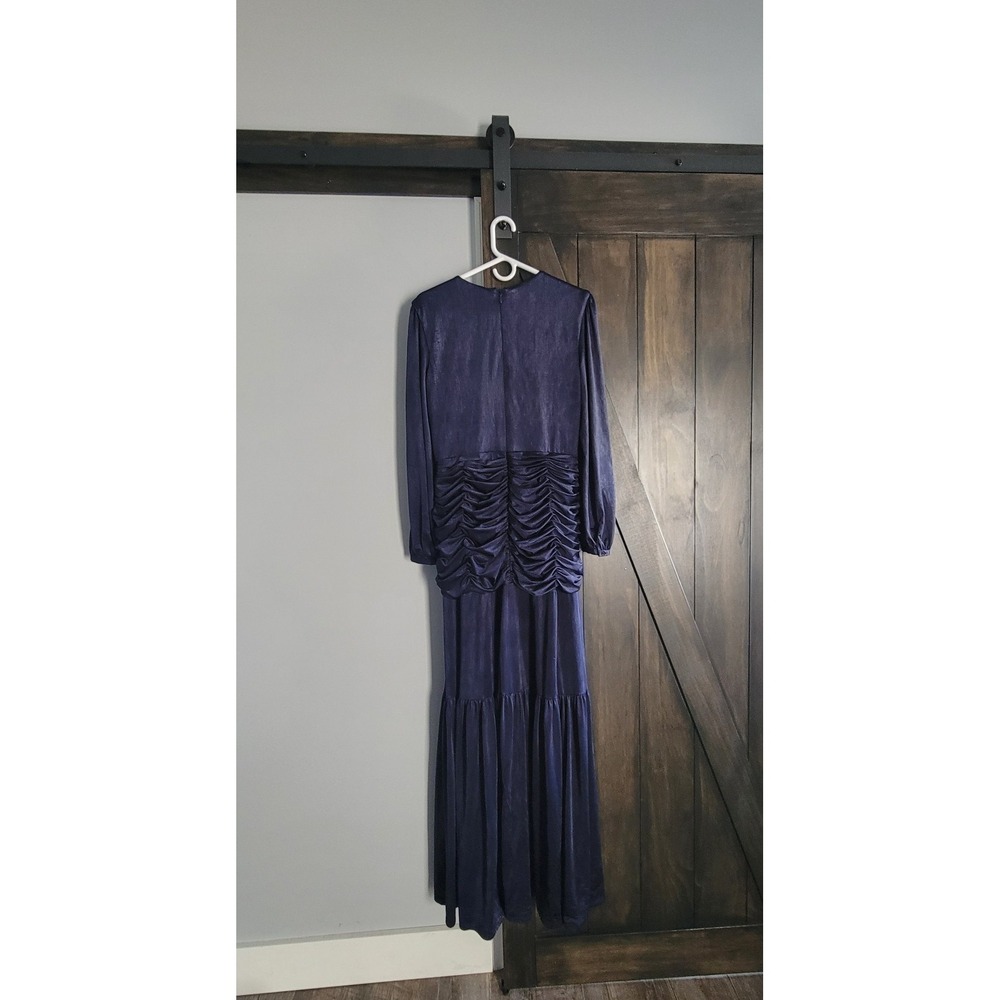 Dress The Population Blue Satin Maxi Dress Ruched Long Sleeve Formal Gown XL NEW - Picture 7 of 11
